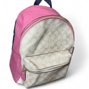 Coach Charlie Medium Backpack – Signature Canvas & Pink Leather